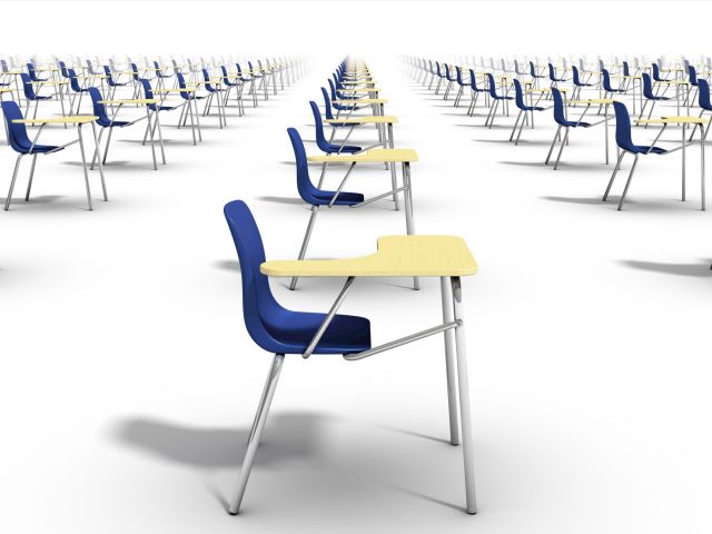 Right side view of endless school chairs.